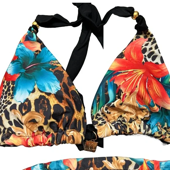 Tropical Floral Animal Print Halter Tie Sides Cheeky Bikini Set - Picture 5 of 12